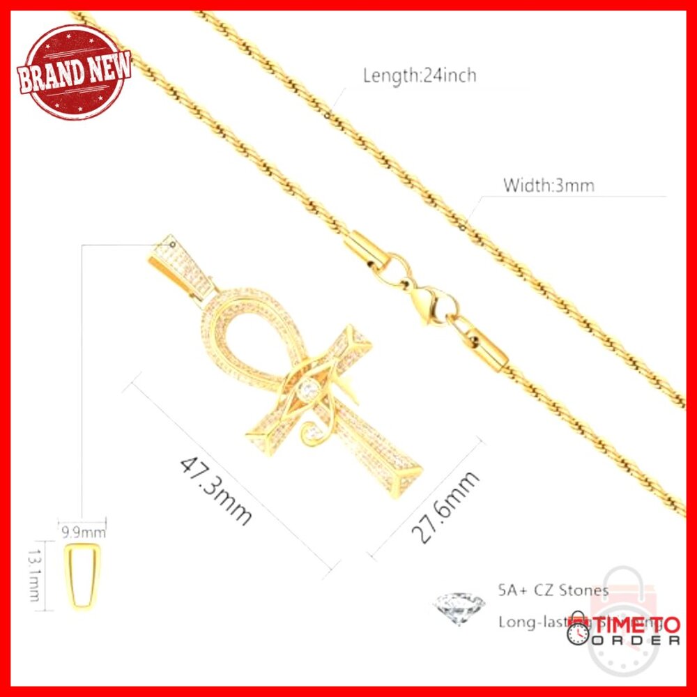 18K Gold Plated Ankh Cross Pendant Necklace with CZ Stones 24 Inch Chain - Picture 2 of 7